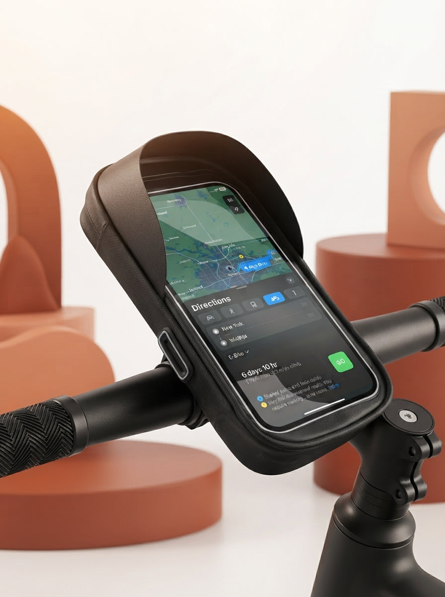 Waterproof bicycle phone holder with sun visor mounted on handlebars, showcasing clear touchscreen window and protective casi